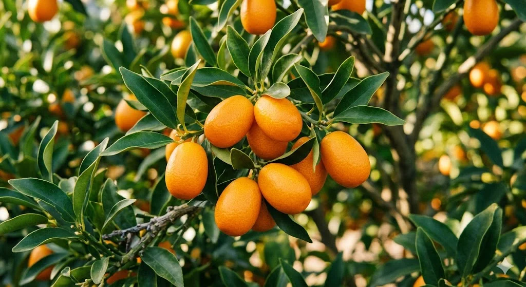 Clusters of orange kumquats growing on a tree